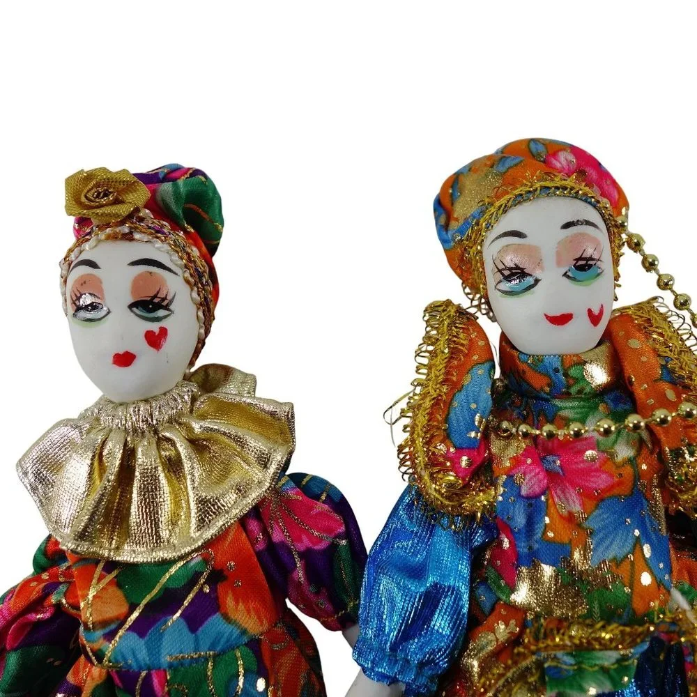 Porcelain and Fabric Small Collectible Harlequin Jester Doll Figures Set‎ of 2
